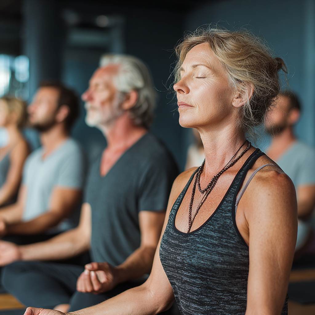 Group of people aged 45-55 practicing yoga together in modern studio, sitting in meditation pose with peaceful expressions and natural lighting