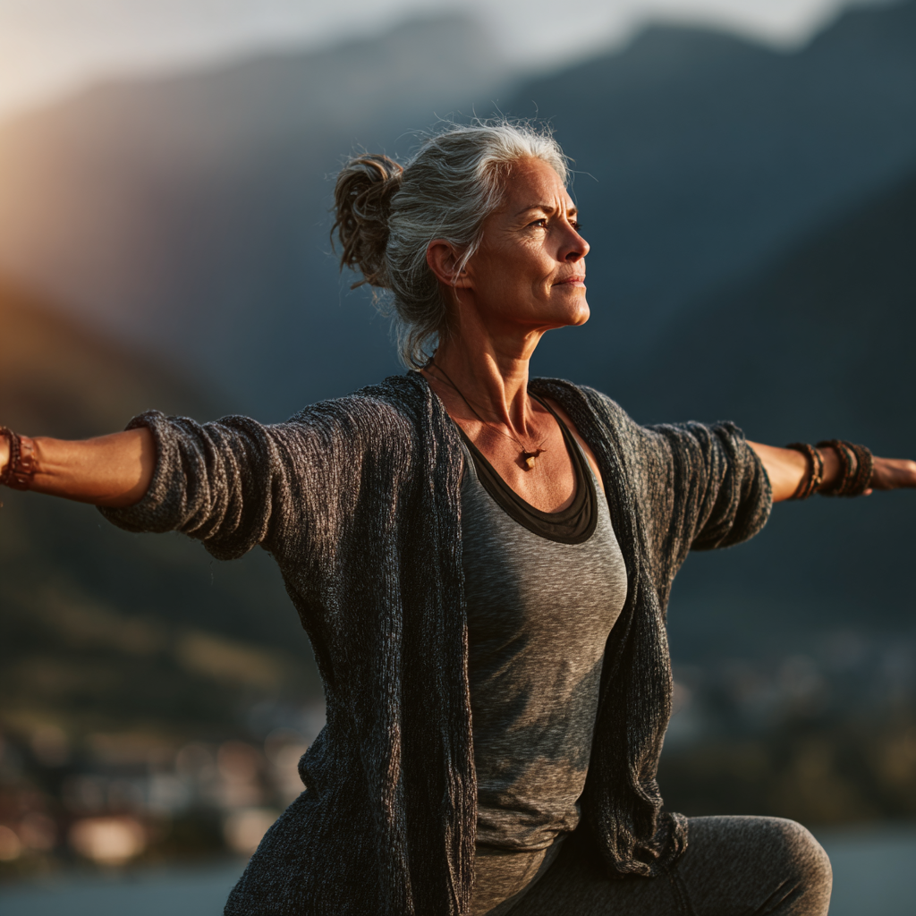Middle-aged woman in her 40s practicing yoga in peaceful mountain setting, demonstrating warrior pose with serene expression and focused concentration